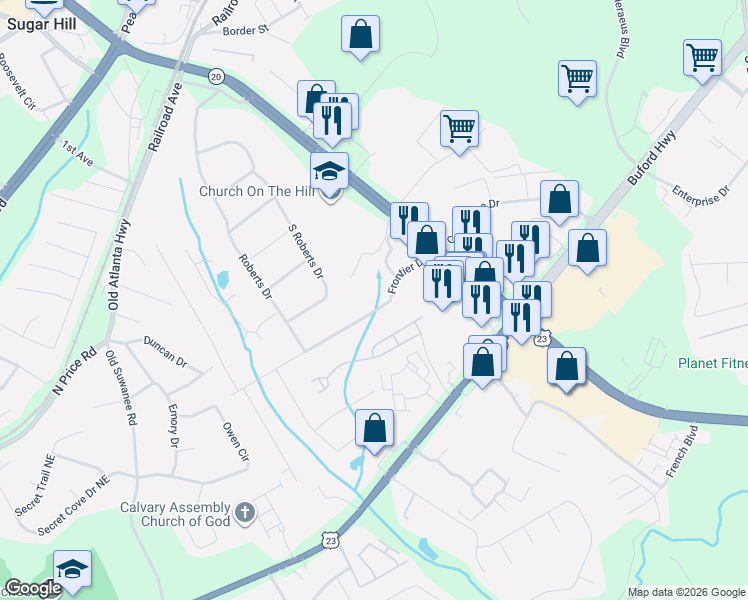 map of restaurants, bars, coffee shops, grocery stores, and more near 1382 Frontier Drive in Sugar Hill