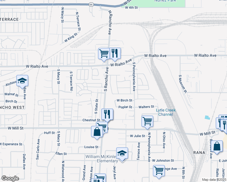 map of restaurants, bars, coffee shops, grocery stores, and more near 323 Whipple Mountain Road in San Bernardino