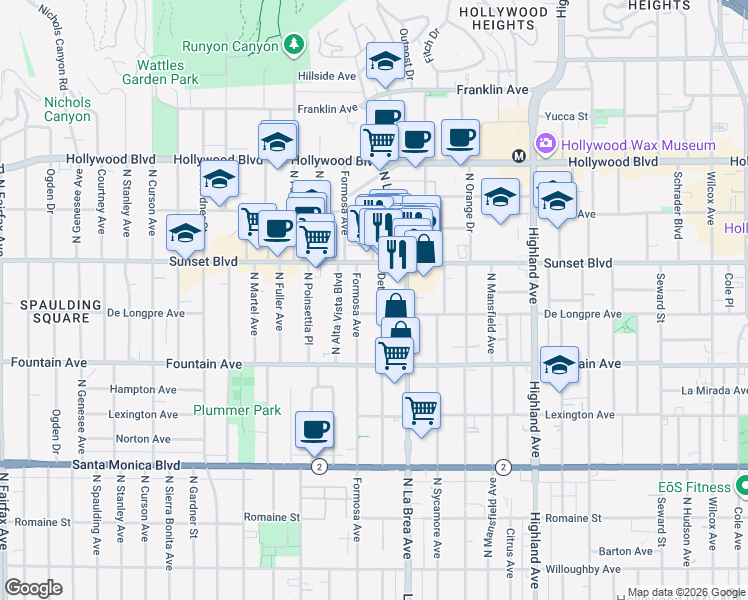 map of restaurants, bars, coffee shops, grocery stores, and more near 1411 North Detroit Street in Los Angeles