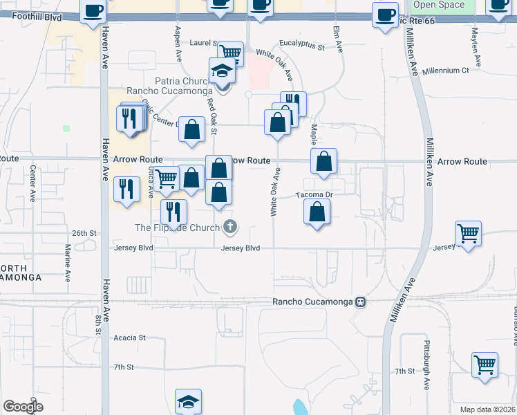 map of restaurants, bars, coffee shops, grocery stores, and more near 8700 White Oak Avenue in Rancho Cucamonga