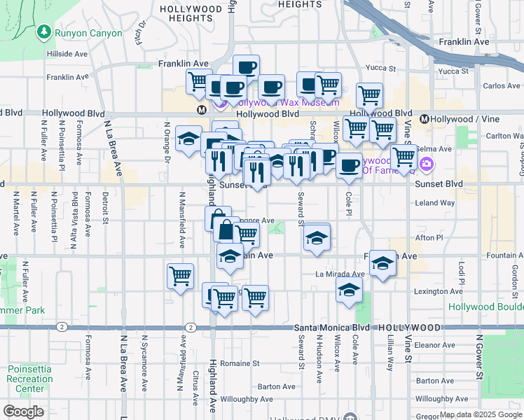 map of restaurants, bars, coffee shops, grocery stores, and more near 1415 North Cherokee Avenue in Los Angeles