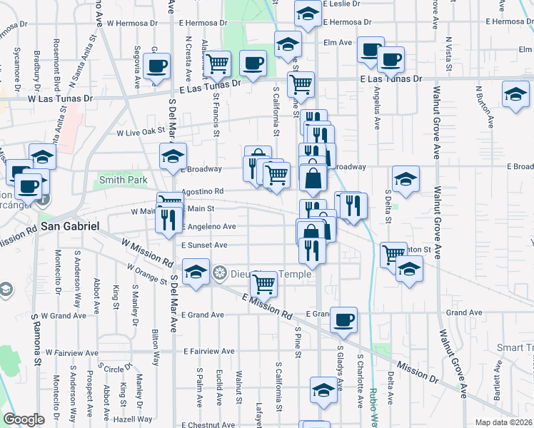 map of restaurants, bars, coffee shops, grocery stores, and more near 524 East Main Street in San Gabriel
