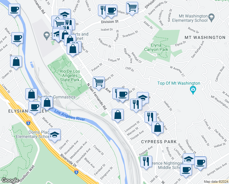 map of restaurants, bars, coffee shops, grocery stores, and more near 1301 Cypress Avenue in Los Angeles