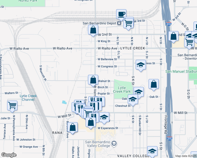 map of restaurants, bars, coffee shops, grocery stores, and more near 289 South Mount Vernon Avenue in San Bernardino