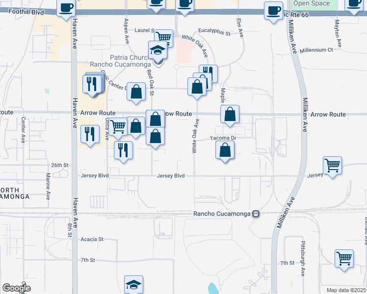 map of restaurants, bars, coffee shops, grocery stores, and more near 8700 White Oak Avenue in Rancho Cucamonga
