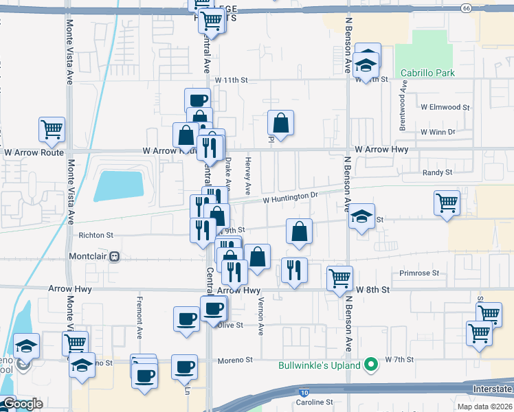 map of restaurants, bars, coffee shops, grocery stores, and more near 230 North Vista Place in Upland
