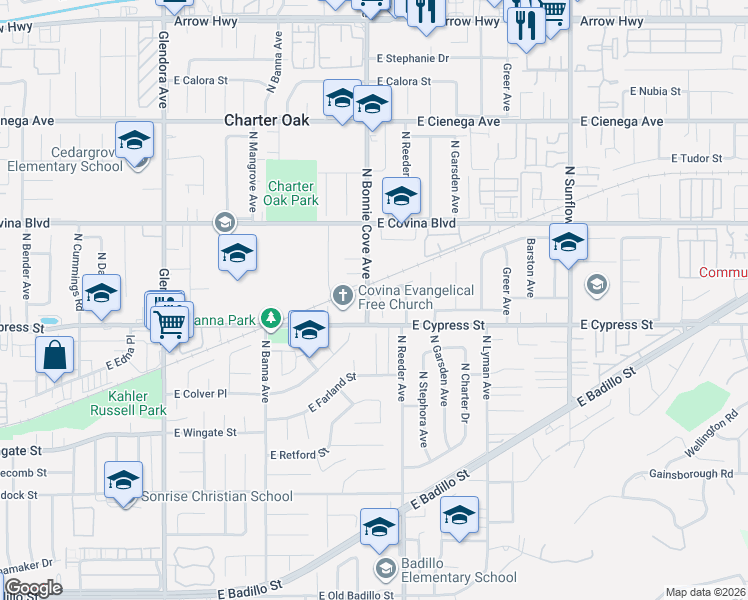 map of restaurants, bars, coffee shops, grocery stores, and more near in Covina