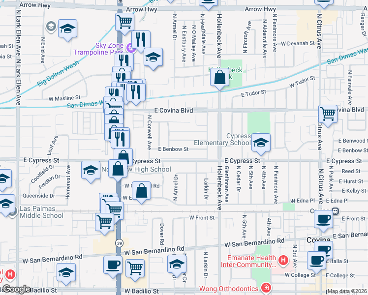 map of restaurants, bars, coffee shops, grocery stores, and more near 17804 East Benbow Street in Covina
