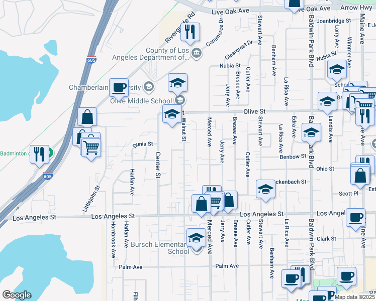 map of restaurants, bars, coffee shops, grocery stores, and more near 4629 Kenmore Avenue in Baldwin Park