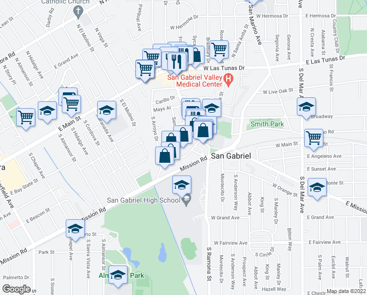 map of restaurants, bars, coffee shops, grocery stores, and more near 721 West Santa Anita Street in San Gabriel