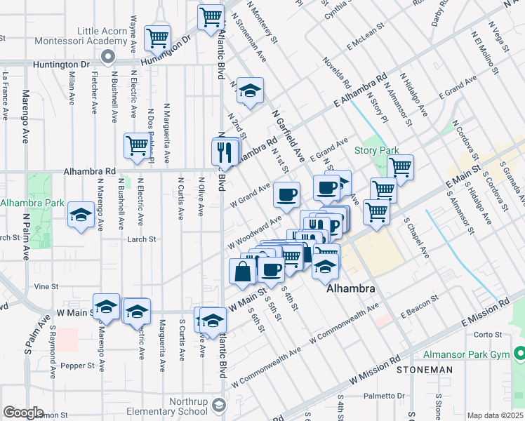map of restaurants, bars, coffee shops, grocery stores, and more near 315 North 3rd Street in Alhambra
