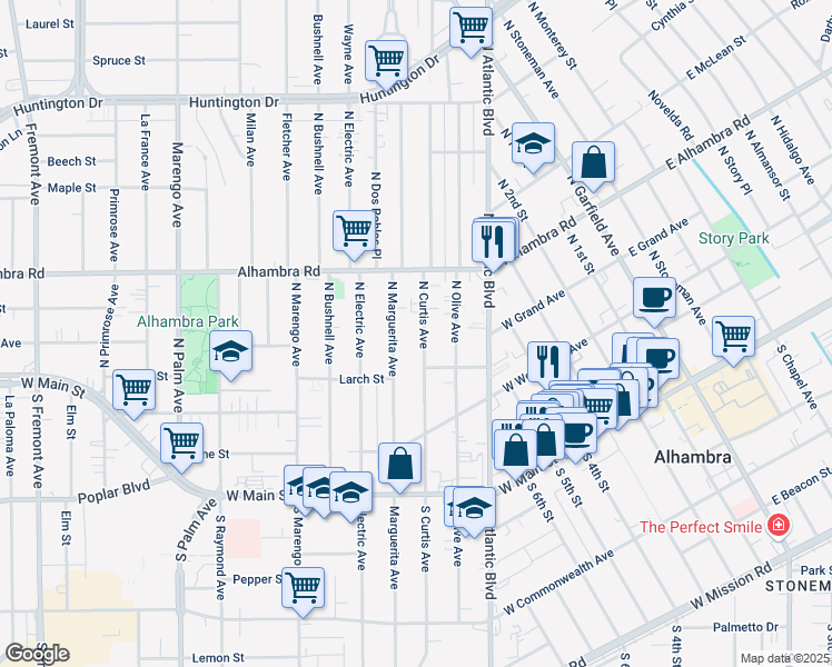 map of restaurants, bars, coffee shops, grocery stores, and more near 402 North Curtis Avenue in Alhambra