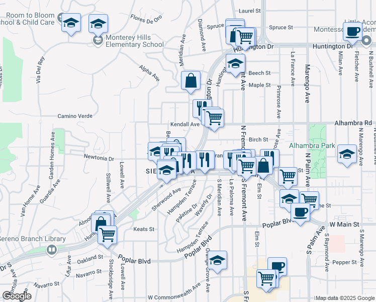 map of restaurants, bars, coffee shops, grocery stores, and more near 5661 Huntington Drive North in Los Angeles