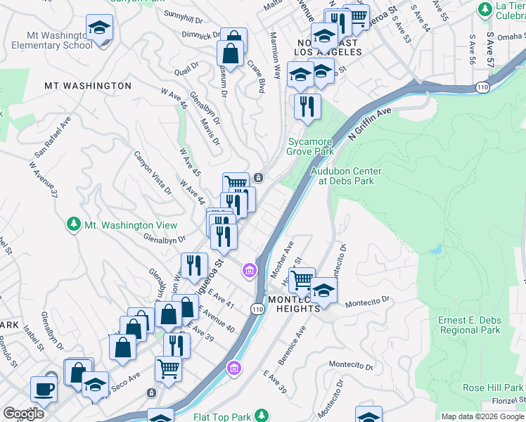 map of restaurants, bars, coffee shops, grocery stores, and more near 116 Sycamore Park Drive in Los Angeles