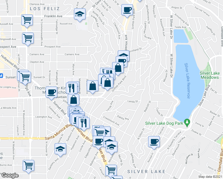 map of restaurants, bars, coffee shops, grocery stores, and more near 1834 Griffith Park Boulevard in Los Angeles