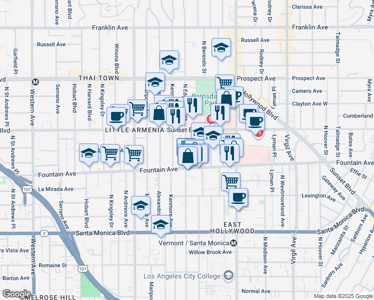 map of restaurants, bars, coffee shops, grocery stores, and more near 1340 North Edgemont Street in Los Angeles