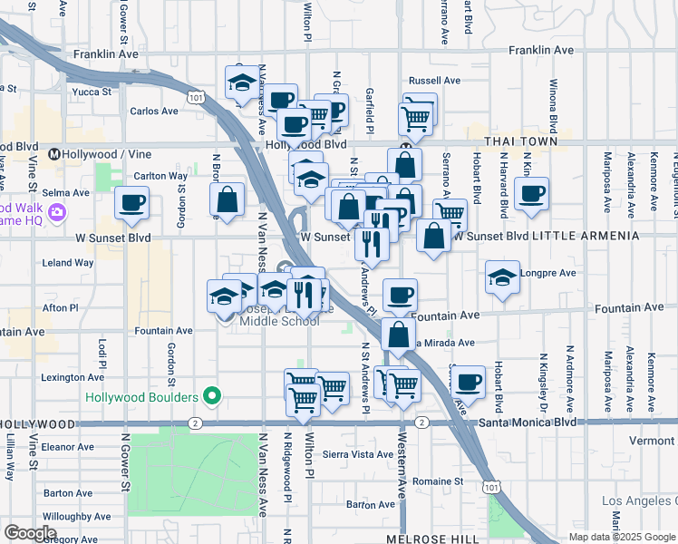 map of restaurants, bars, coffee shops, grocery stores, and more near 5645 Fernwood Avenue in Los Angeles