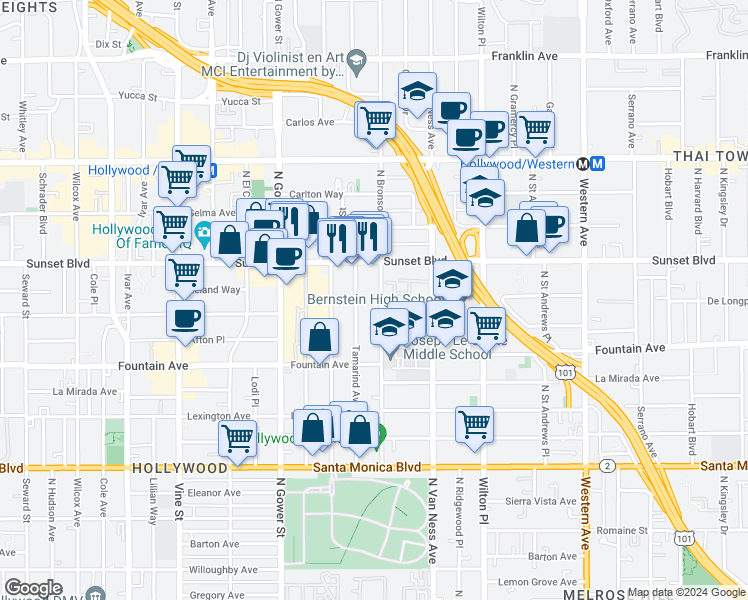 map of restaurants, bars, coffee shops, grocery stores, and more near 1421 North Bronson Avenue in Los Angeles