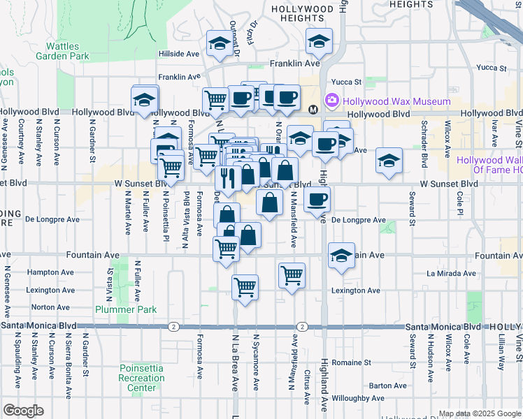 map of restaurants, bars, coffee shops, grocery stores, and more near 1408 North Sycamore Avenue in Los Angeles