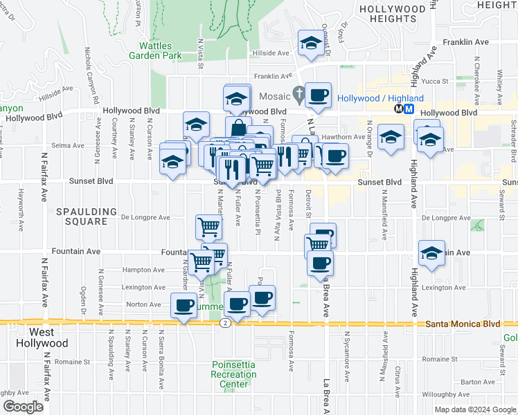 map of restaurants, bars, coffee shops, grocery stores, and more near 1419 North Poinsettia Place in Los Angeles
