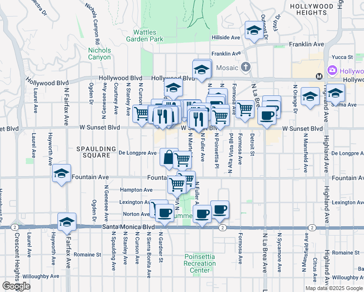 map of restaurants, bars, coffee shops, grocery stores, and more near 1416 North Vista Street in Los Angeles