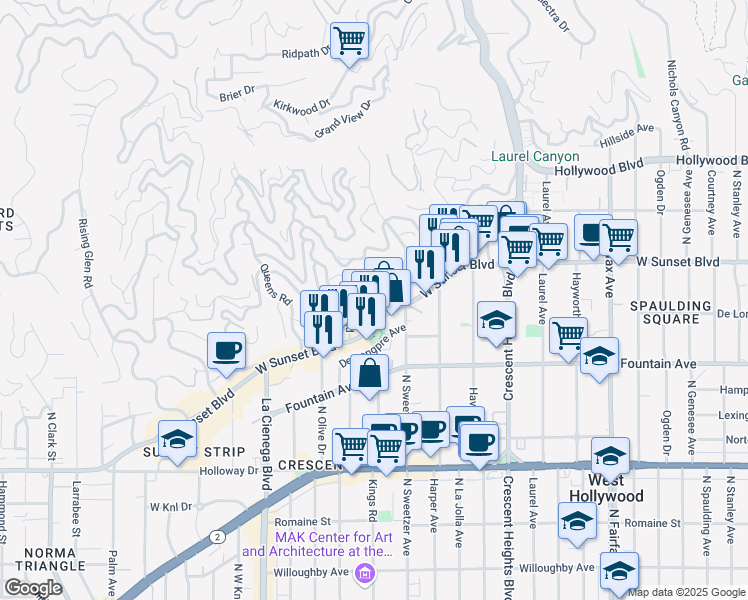 map of restaurants, bars, coffee shops, grocery stores, and more near 8305 Sunset Boulevard in West Hollywood