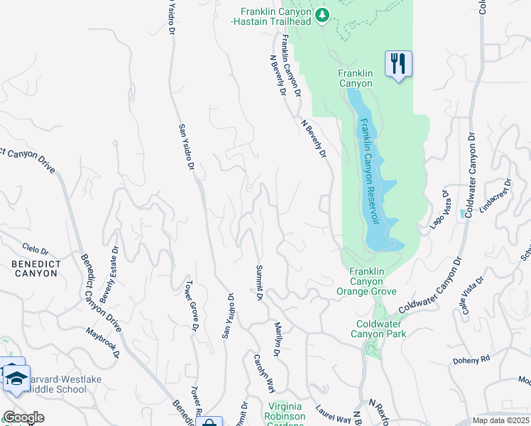 map of restaurants, bars, coffee shops, grocery stores, and more near 1401 Dawnridge Drive in Beverly Hills