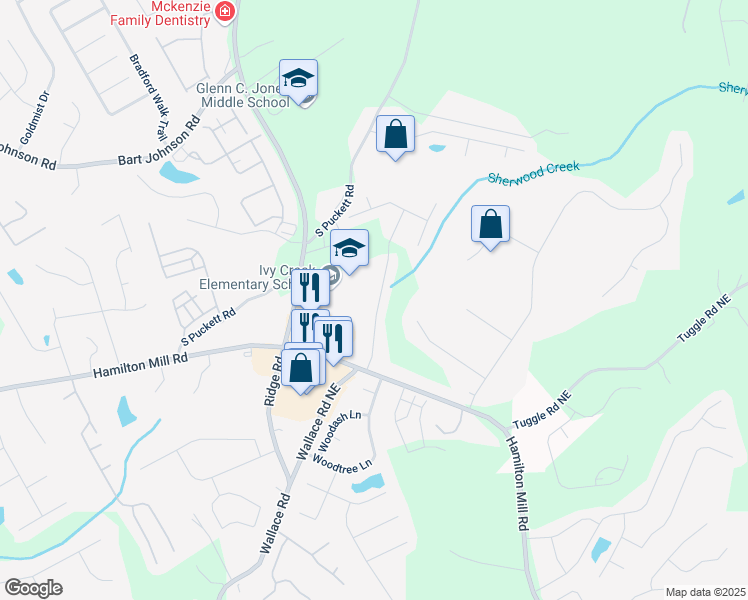 map of restaurants, bars, coffee shops, grocery stores, and more near 3412 Hard Creek Lane Northeast in Buford