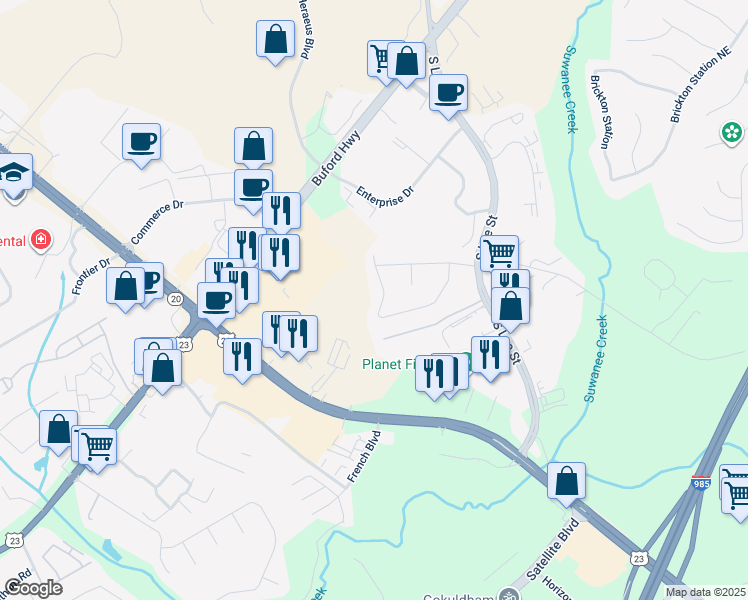 map of restaurants, bars, coffee shops, grocery stores, and more near 4182 Sturgeon Circle in Buford