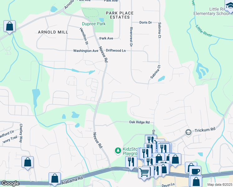map of restaurants, bars, coffee shops, grocery stores, and more near 132 Neese Farm Drive in Woodstock