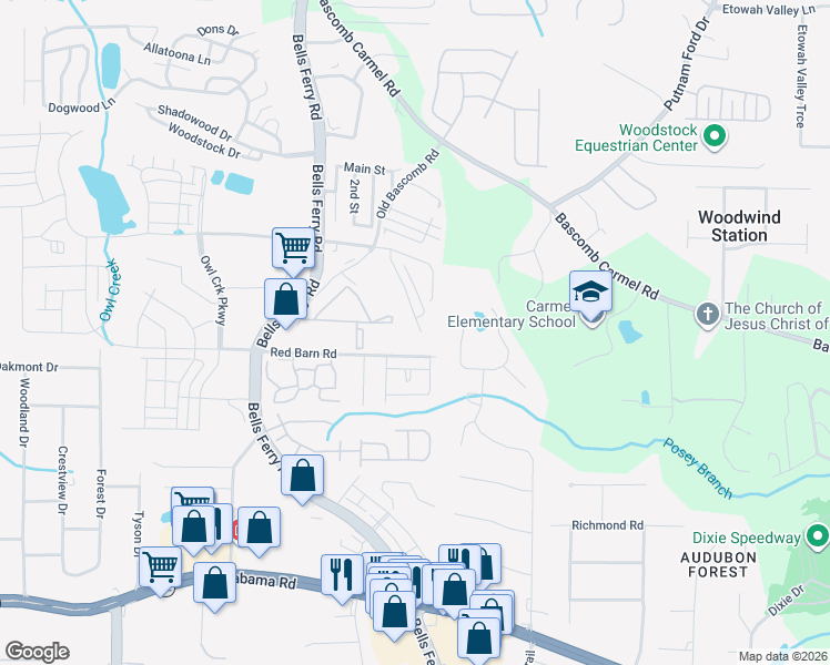 map of restaurants, bars, coffee shops, grocery stores, and more near 282 Derby Court in Acworth