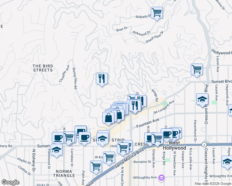 map of restaurants, bars, coffee shops, grocery stores, and more near 8540 Hedges Way in Los Angeles