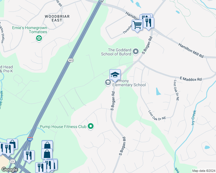 map of restaurants, bars, coffee shops, grocery stores, and more near 3946 South Bogan Road in Buford