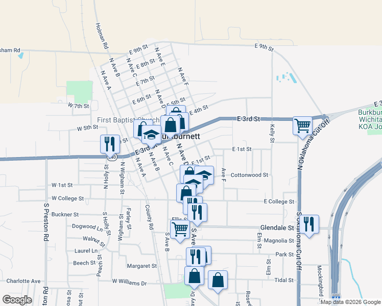 map of restaurants, bars, coffee shops, grocery stores, and more near 214 North Avenue D in Burkburnett
