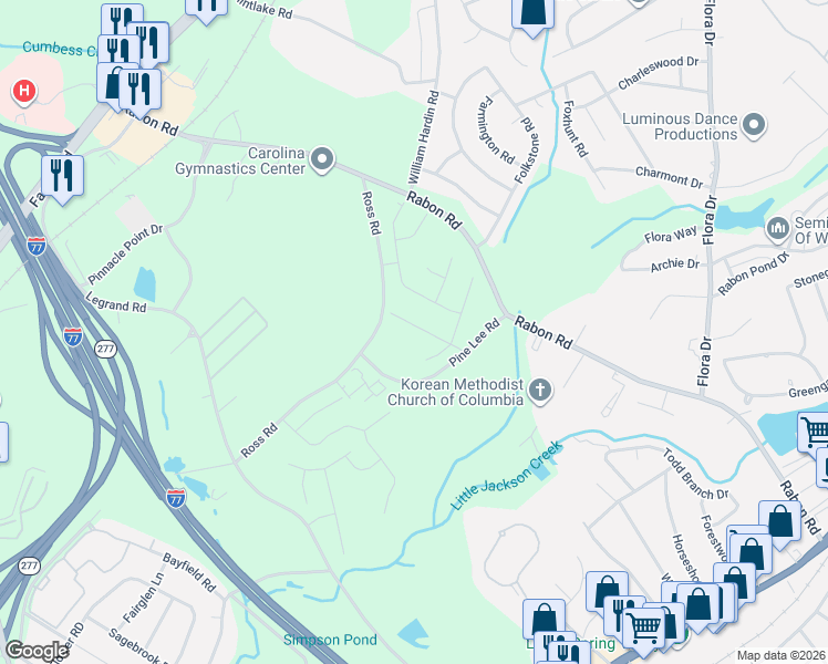 map of restaurants, bars, coffee shops, grocery stores, and more near 220 Pine Lee Road in Columbia