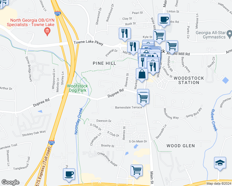 map of restaurants, bars, coffee shops, grocery stores, and more near 121 Dupree Road in Woodstock