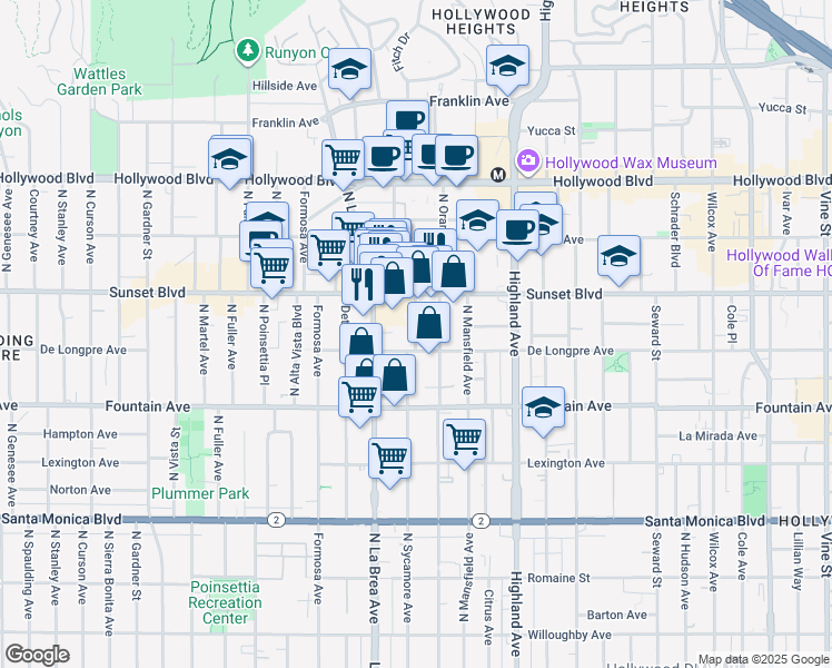 map of restaurants, bars, coffee shops, grocery stores, and more near 1408 North Sycamore Avenue in Los Angeles