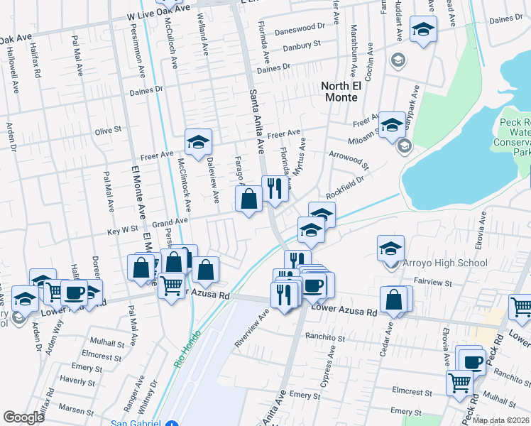 map of restaurants, bars, coffee shops, grocery stores, and more near 4989 Santa Anita Avenue in Temple City