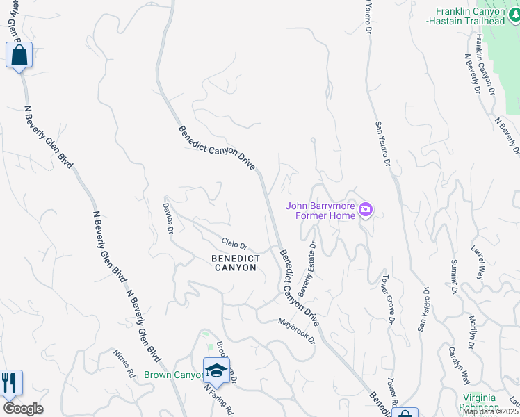 map of restaurants, bars, coffee shops, grocery stores, and more near 1407 Benedict Canyon Drive in Beverly Hills