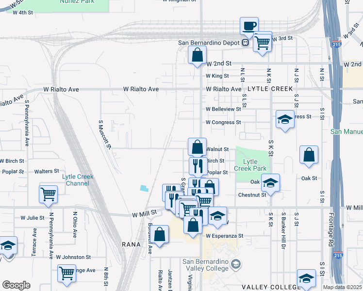 map of restaurants, bars, coffee shops, grocery stores, and more near 1366 Walnut Street in San Bernardino