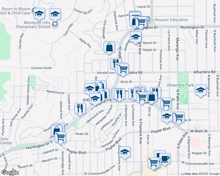 map of restaurants, bars, coffee shops, grocery stores, and more near 5661 Huntington Drive North in Los Angeles