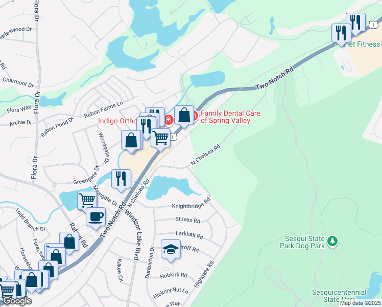 map of restaurants, bars, coffee shops, grocery stores, and more near 401 North Chelsea Road in Columbia