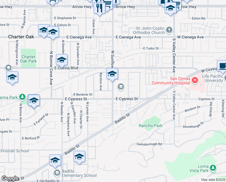map of restaurants, bars, coffee shops, grocery stores, and more near 1207 North Sunflower Avenue in Covina