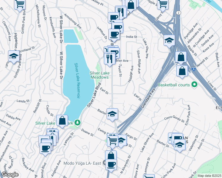 map of restaurants, bars, coffee shops, grocery stores, and more near 2419 Earl Street in Los Angeles