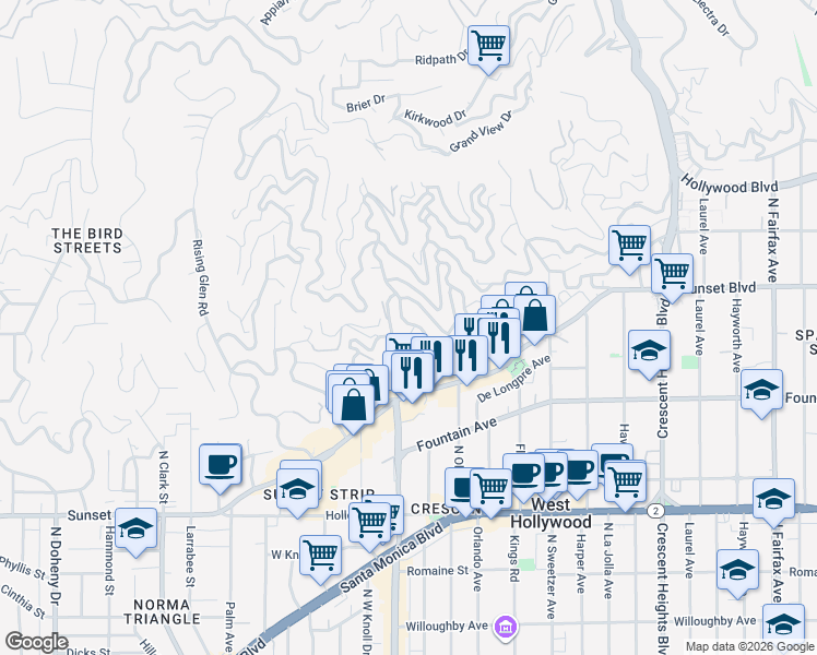 map of restaurants, bars, coffee shops, grocery stores, and more near 1467 Queens Road in Los Angeles