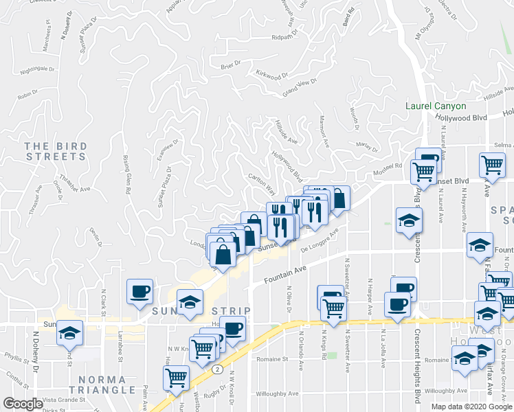 map of restaurants, bars, coffee shops, grocery stores, and more near 1467 Queens Road in Los Angeles