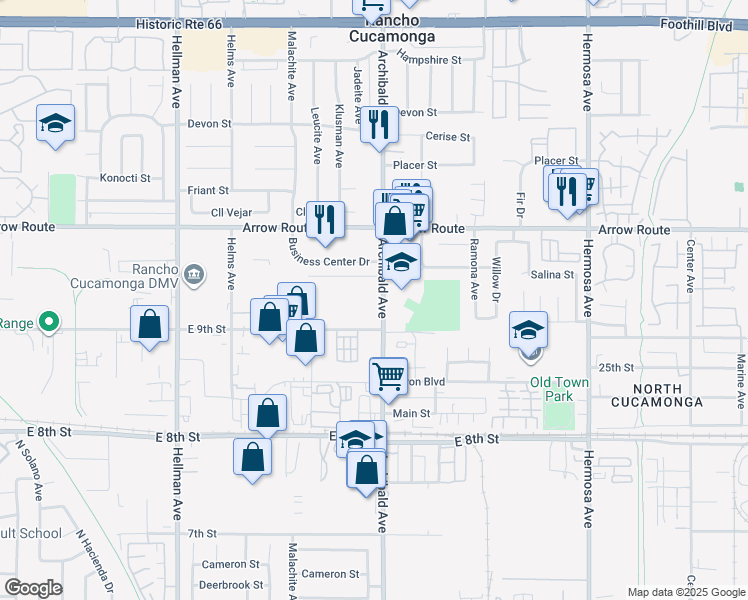 map of restaurants, bars, coffee shops, grocery stores, and more near 8632 Archibald Avenue in Rancho Cucamonga