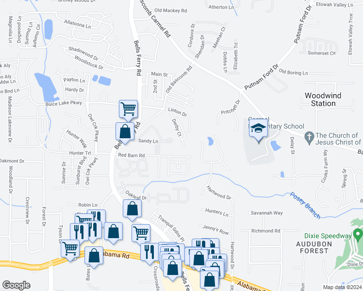 map of restaurants, bars, coffee shops, grocery stores, and more near 280 Derby Court in Acworth