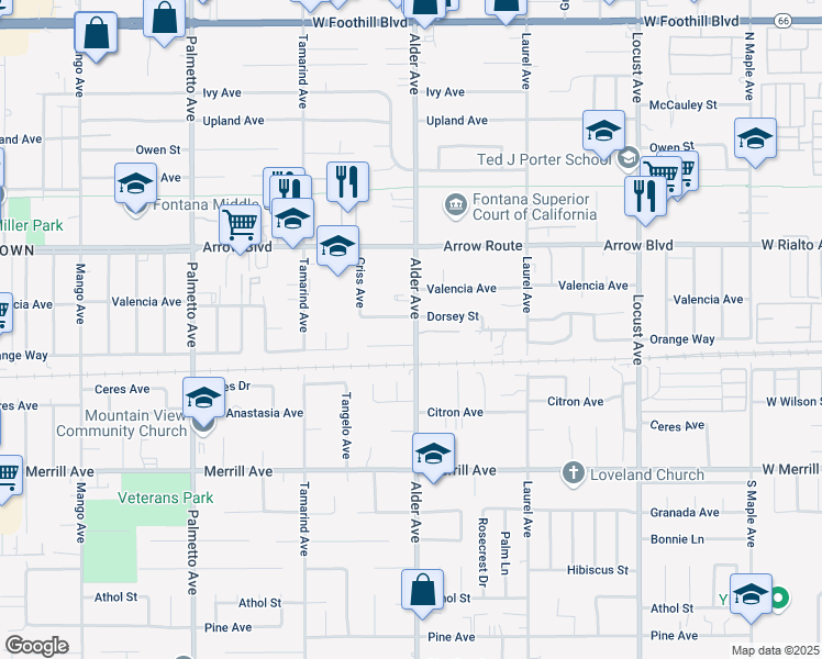 map of restaurants, bars, coffee shops, grocery stores, and more near 8650 Alder Avenue in Fontana