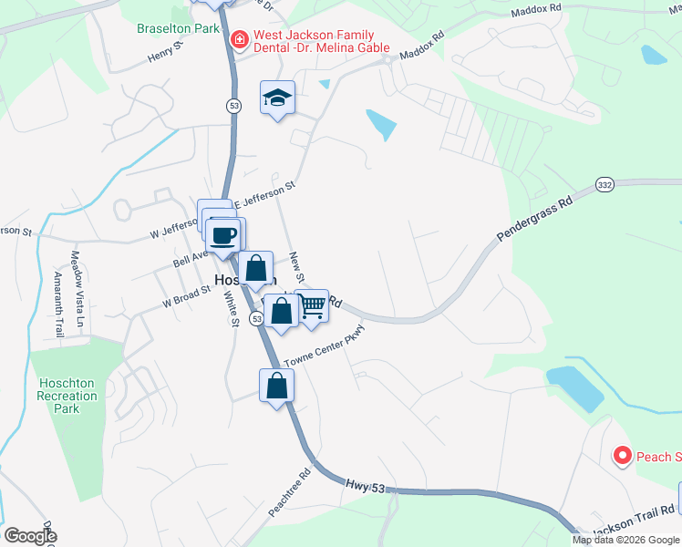 map of restaurants, bars, coffee shops, grocery stores, and more near 8422 Pendergrass Road in Hoschton